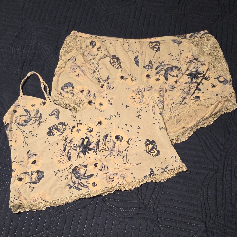 Victoria's Secret Floral Butterfly Pajama Set - Cream and Blue